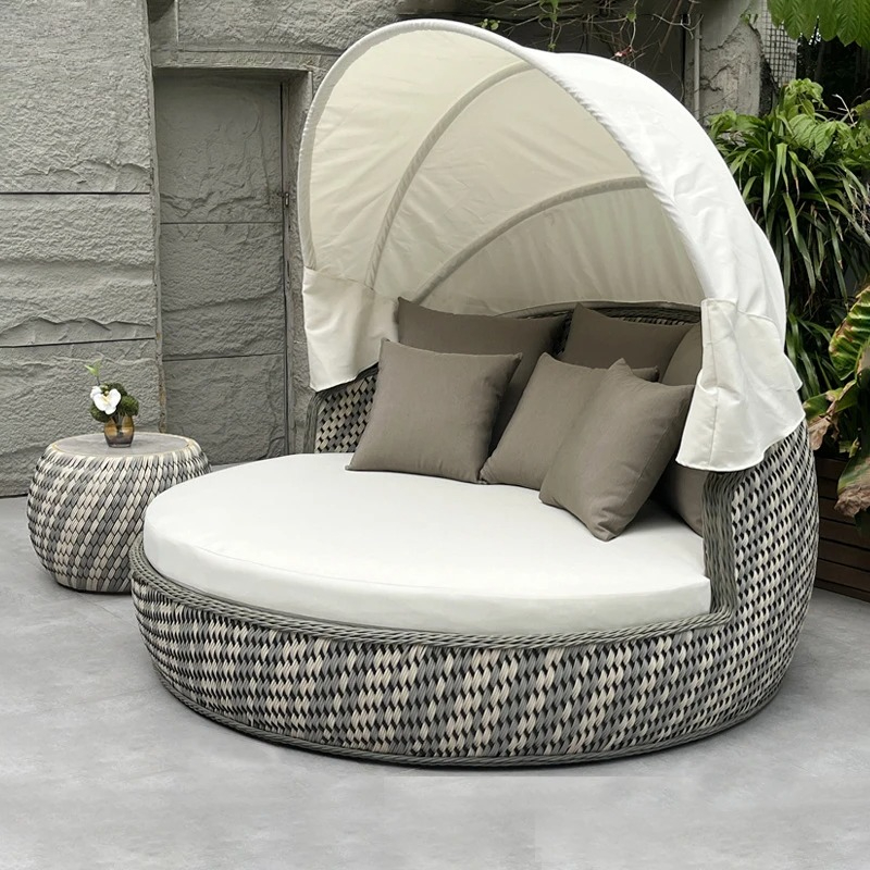 Outdoor Furniture For Pool - Daybed,Anti-UV Rustproof Round,Wicker Lounge Sofa,Canopy Cushioned,Outdoor