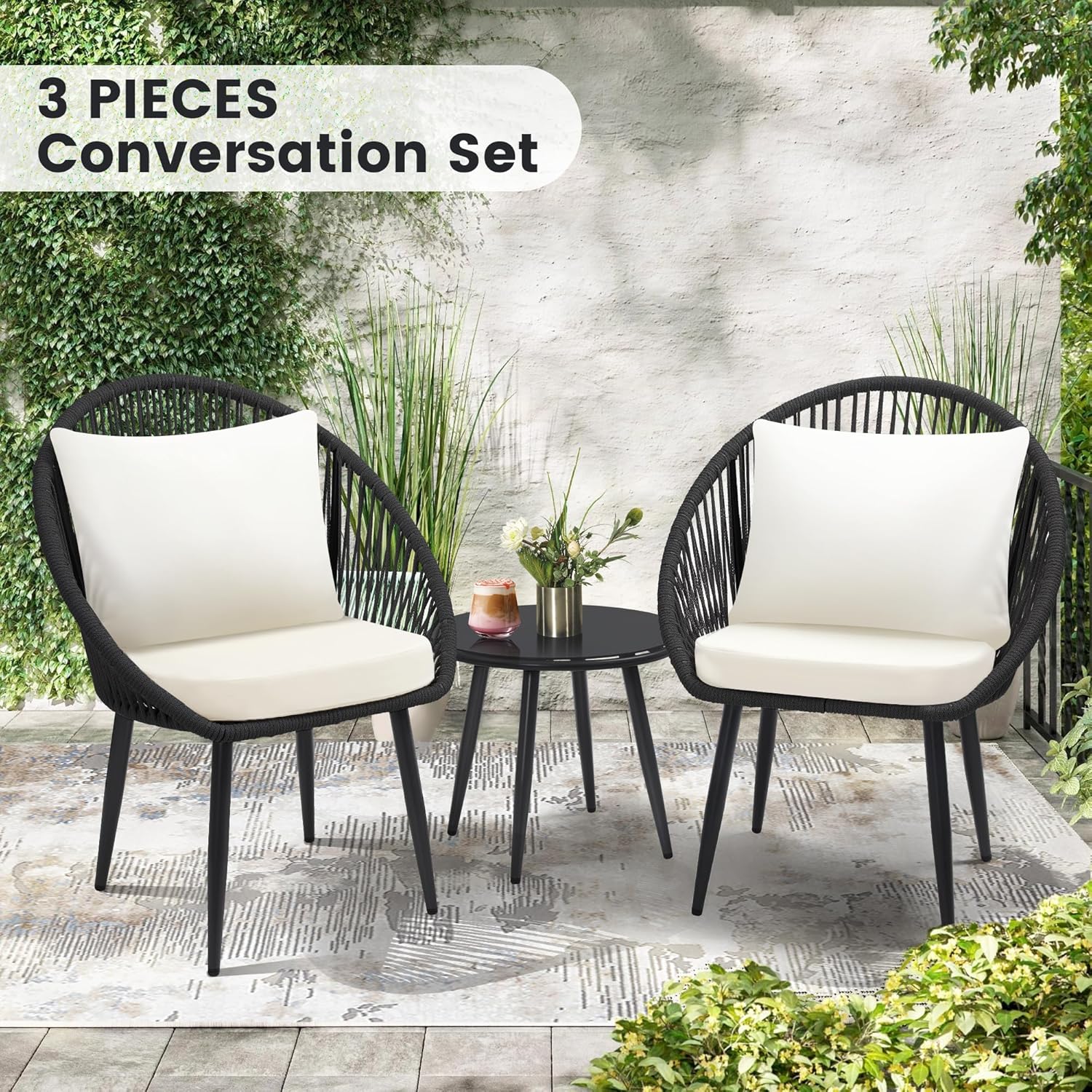 3 Pieces Bistro Set, Woven Rop - Outdoor Furniture Deals ulasan dan harga