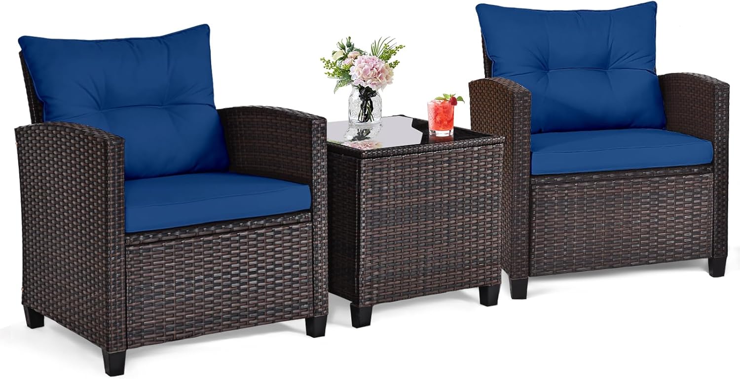 Navy blue rattan wicker 3-piec - Outdoor Furniture Table ulasan dan harga