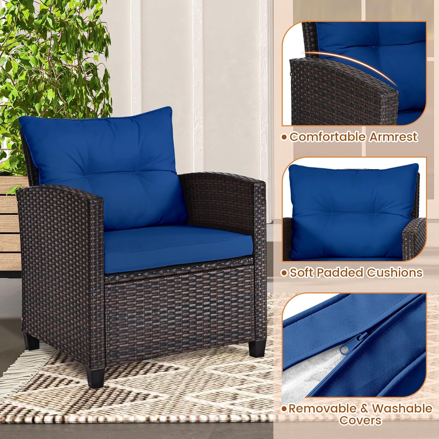Navy blue rattan wicker 3-piec - Outdoor Furniture Table ulasan dan harga